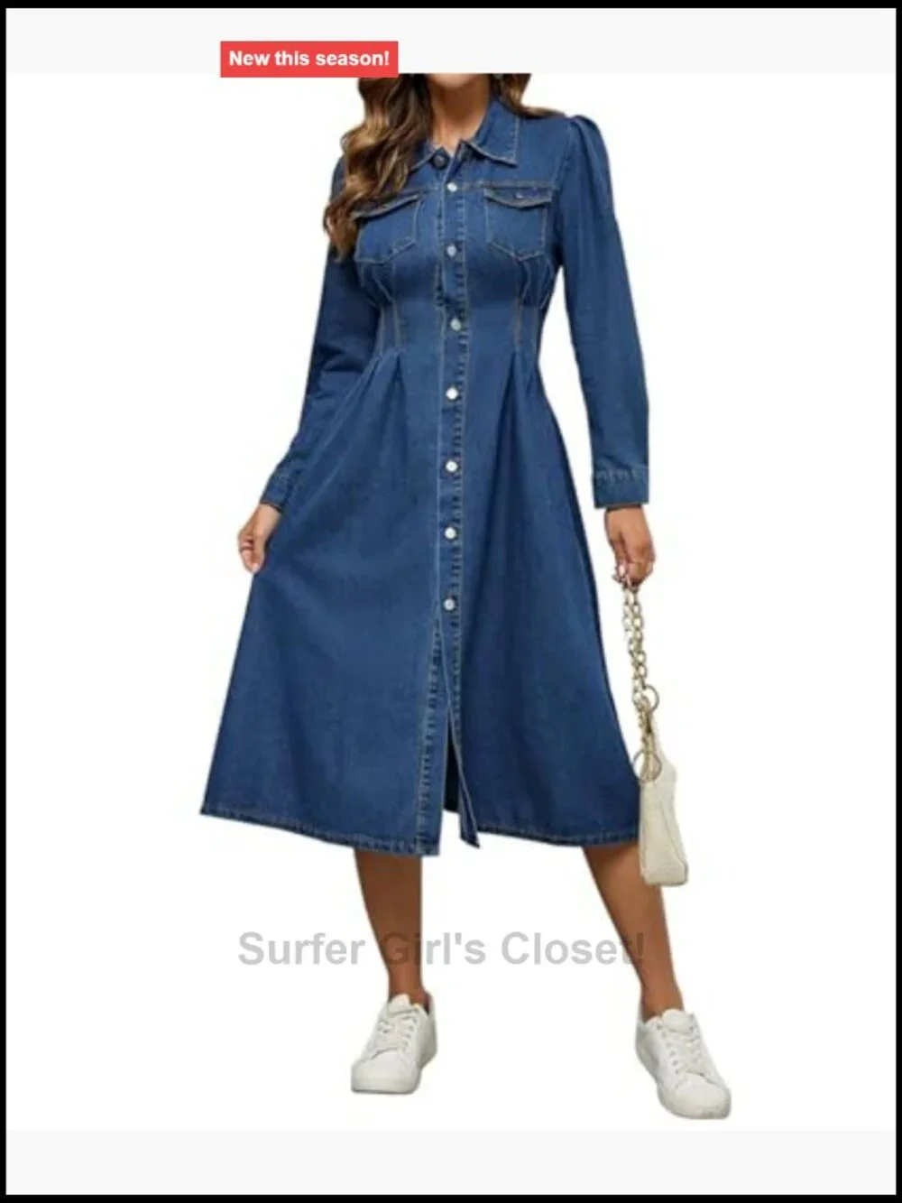 Women's Long Sleeve Denim Dress Ruched High Waist Button Down Jean Dress with
